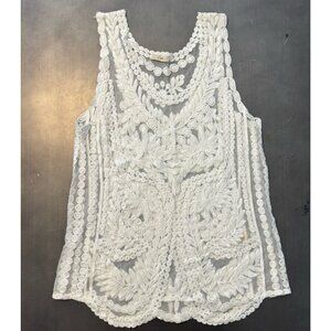 Crochet Mesh Ivory Tank Top Sheer Boho Sleeveless V-Neck Swim Cover Up Shirt‎ OS